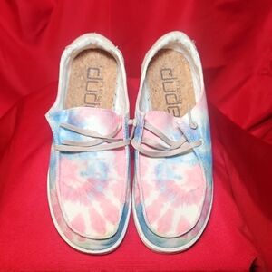 Women's Hey Dudes Size 9 White Pink And Blue Tie-Dye Slip-Ons